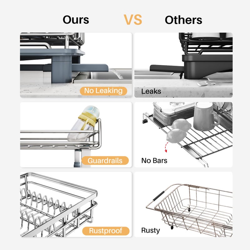 SNTD Dish Drying Rack - Extendable Dish Rack, Large Sink Drying Dish Drainer for Kitchen Counter, Stainless Steel Dish Strainer with Utensil Holder (Silver) - Image 3