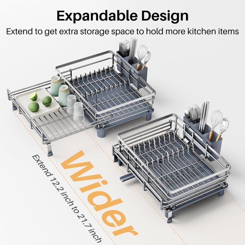 SNTD Dish Drying Rack - Extendable Dish Rack, Large Sink Drying Dish Drainer for Kitchen Counter, Stainless Steel Dish Strainer with Utensil Holder (Silver) - Image 4