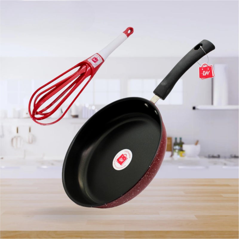 LAZYwindow Nonstick Frying Pan with Whisker Beater, 22 cm, 1L, Maroon - Image 1