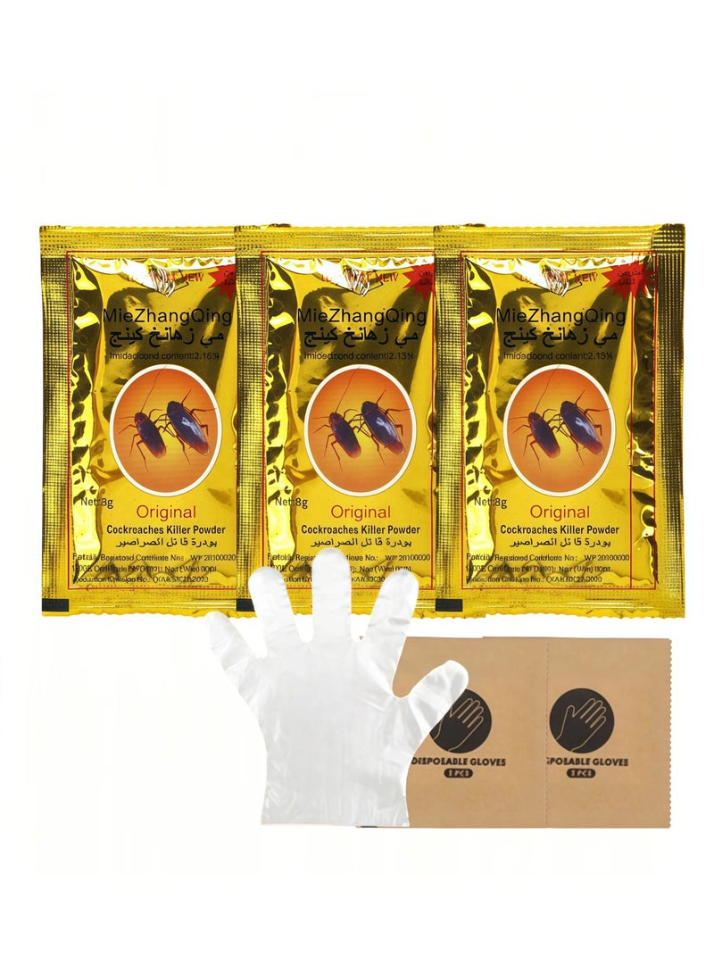 Miezhang Qing 3-Pack Cockroach Killer Powder with 10 Disposable Gloves - 2.15% Imidacloprid, Fast Acting Odorless Pest Control for Home Kitchen Bathroom and Commercial Use - Image 1