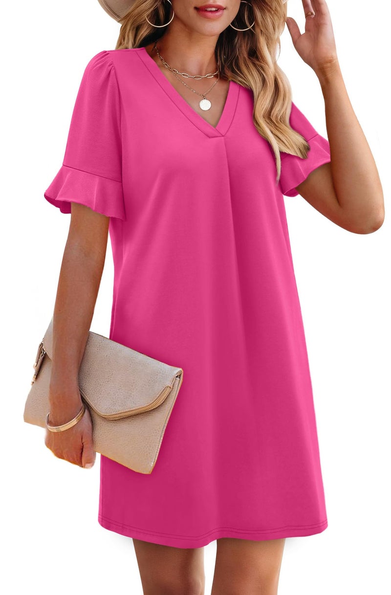 OFEEFAN Fashion Spring Dresses for Women Ruffle V Neck Date Night Dresses for Women with Pockets Hot Pink M - Image 4