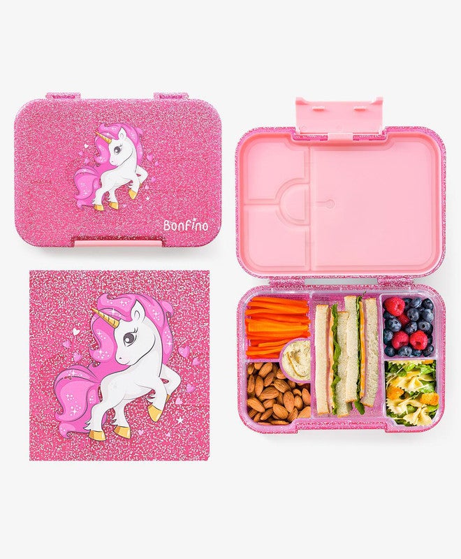 Bonfino Unicorn ABS Bento Lunch Box, BPA Free, Microwave Safe Removable Tray, 6 Adjustable Compartments, Leak Resistant, Lightweight, 3 Years+, 22x15.5x5cm, 1L - Pink - Image 1