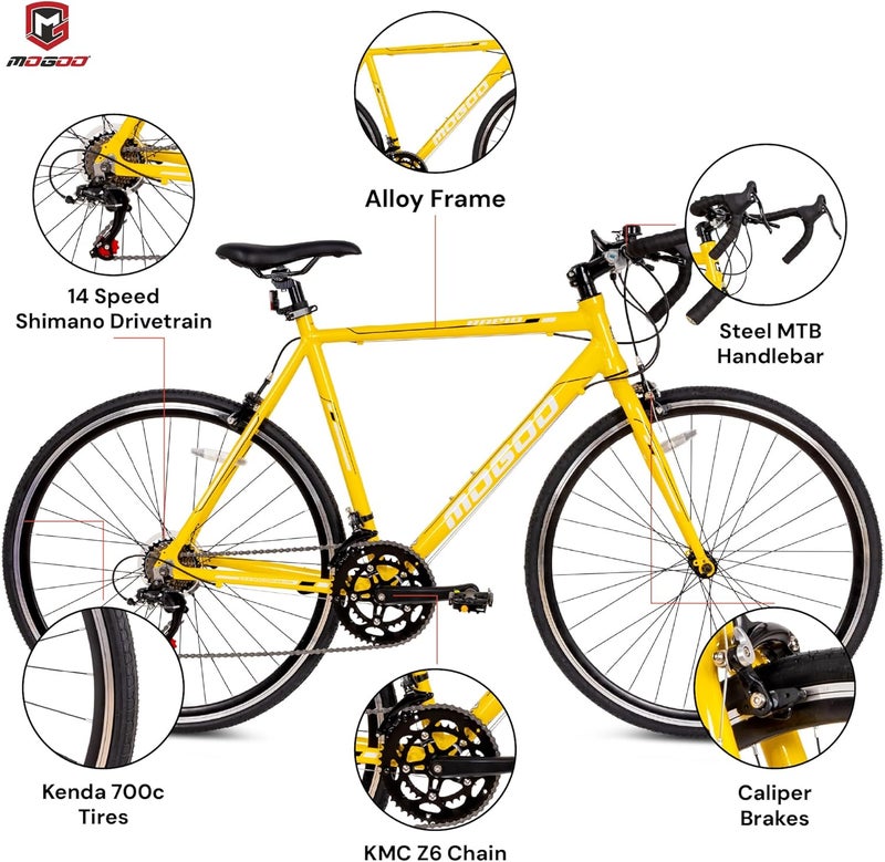 MOGOO Rapid 700C Road Bike | 14 Speed Shimano Drivetrain | Lightweight Aluminum Alloy FrameKenda Tires | Caliper Brakes | Yellow Color - Image 3