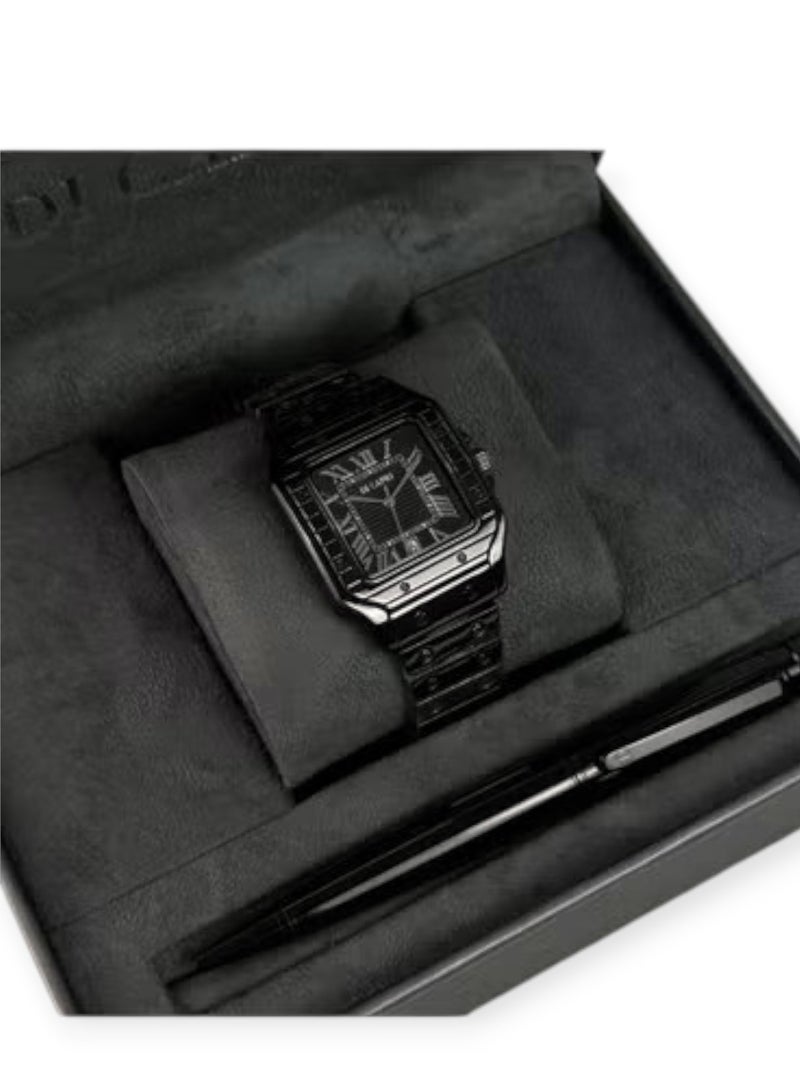 Men's wristwatch set with a high-quality, waterproof pen, Cartier design, black strap with a black dial.