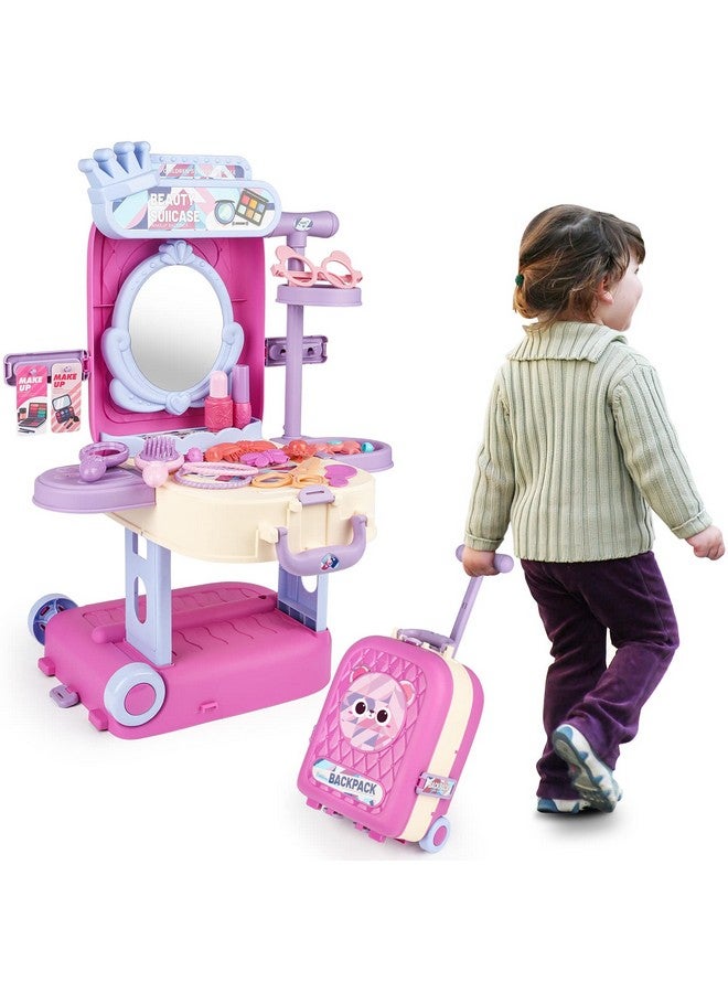 deAO 2 In 1 Makeup Table For Toddler Girls Vanity & Suitcase Set With Fashion Accessories Pretend Play Travel Suitcase Fashion Beauty Set For Girls  - Image 1