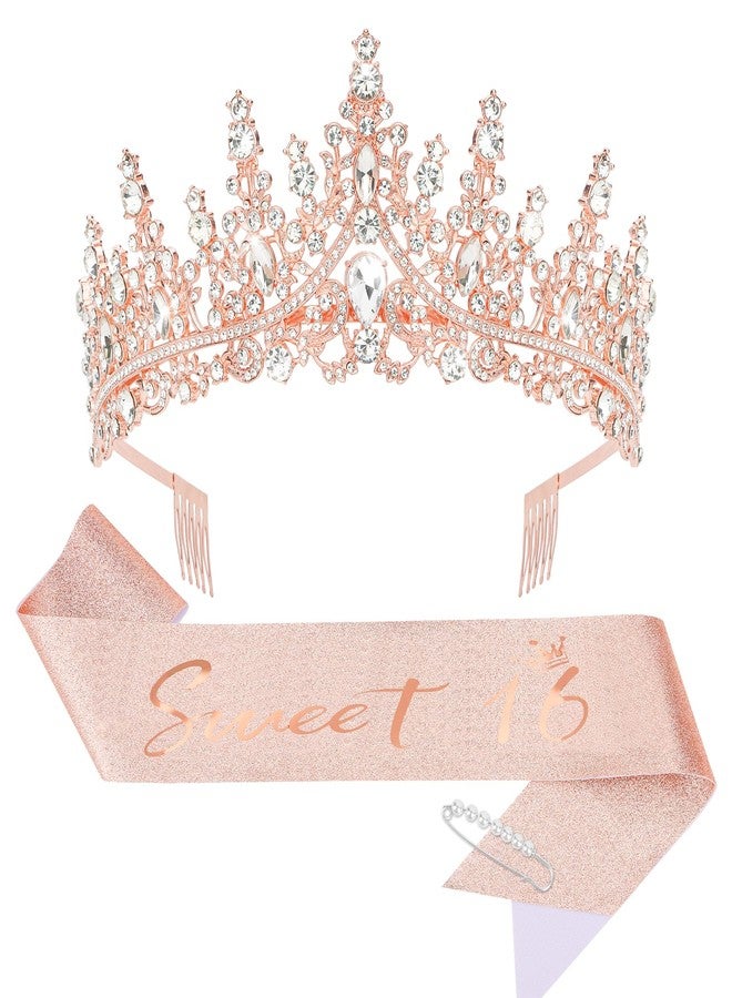 CIEHER Sweet 16 Sash, Rose Gold Crown, Pearl Pin Set - Birthday Party Decorations, Tiara, Gift for Girls - Image 1