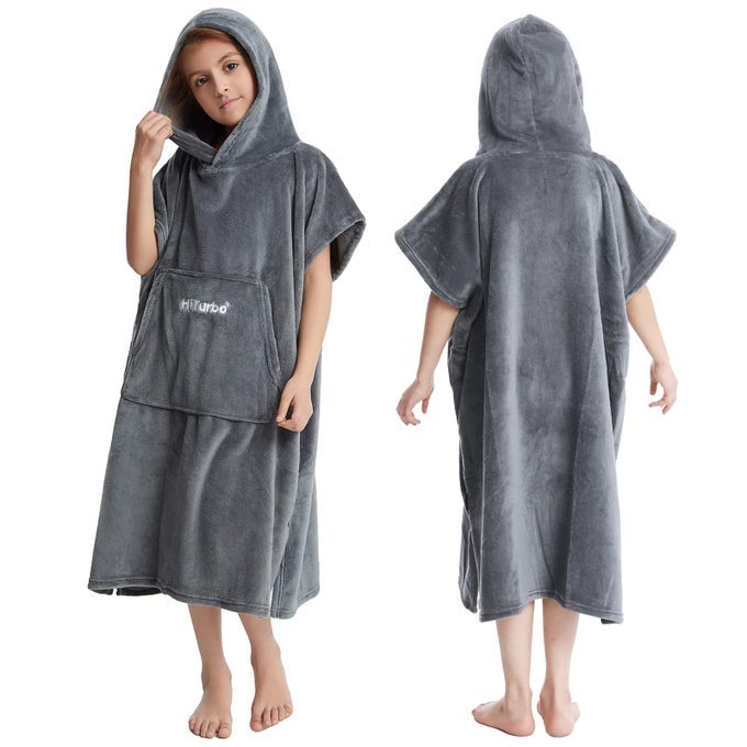 KIDS TOWEL CHANGING ROBE SOFT PLUSH BATH TOWELS WARM CORAL FLEECE HOODIE SWIM SURF PONCHO FOR 512 YEARS GRAY