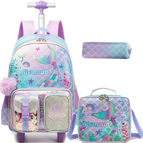 Meetbelify Rolling Backpack for Girls Backpack with Wheels for Elementary Student Kids School Bag with Lunch Box Pencil Case for Girls Ages 68 Years Old Mermaid - Image 1