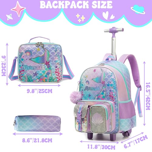 Meetbelify Rolling Backpack for Girls Backpack with Wheels for Elementary Student Kids School Bag with Lunch Box Pencil Case for Girls Ages 68 Years Old Mermaid - Image 3