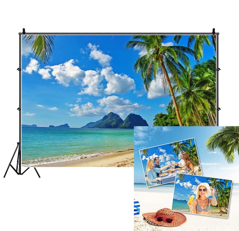 AOFOTO 10x8ft Beach Backdrop Summer Party Tropical Sand Beach Scene Photo Backdrop Hawaii Luau Blue Sky Ocean Palm Tree Seaside Vacation Photography Background Portrait Photoshoot Video Studio Props - Image 3