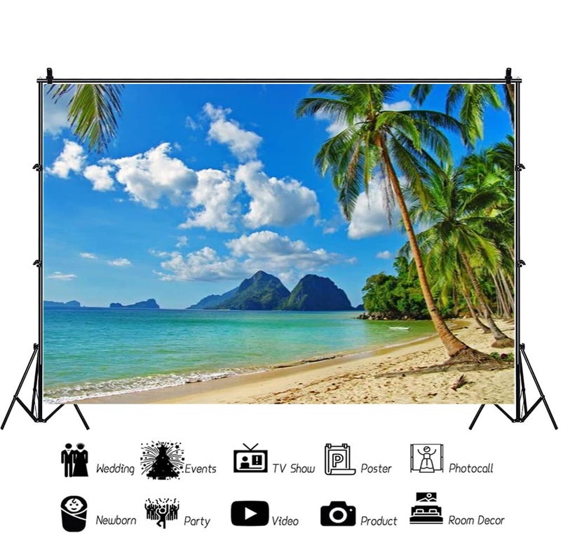 AOFOTO 10x8ft Beach Backdrop Summer Party Tropical Sand Beach Scene Photo Backdrop Hawaii Luau Blue Sky Ocean Palm Tree Seaside Vacation Photography Background Portrait Photoshoot Video Studio Props - Image 2