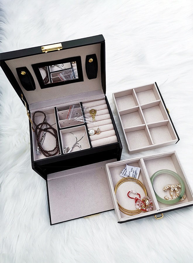 CozyNest Lockable Jewelry Box for Women Girls, 3-Layer Small Portable Jewelry Organizer with Mirror, Drawers and Removable Tray for Earrings, Rings, Necklaces, Bracelets – Ideal Gift for Her - Image 2