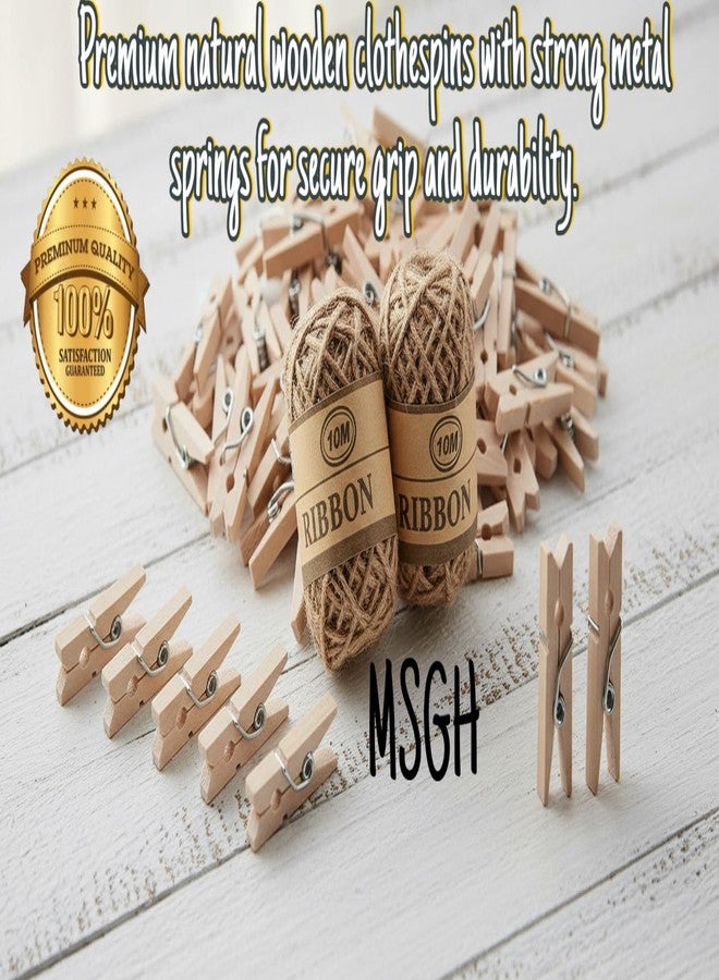 MSGH Mini Natural Wooden Clips with Jute Rope, Photo Hanging Wooden Clips, Mini Wooden Pins for Clothes, Little Baby Shower, Party Decorations, Hobby Crafts, (Wooden Clip 100pcs & 4 Jute roll) - Image 2
