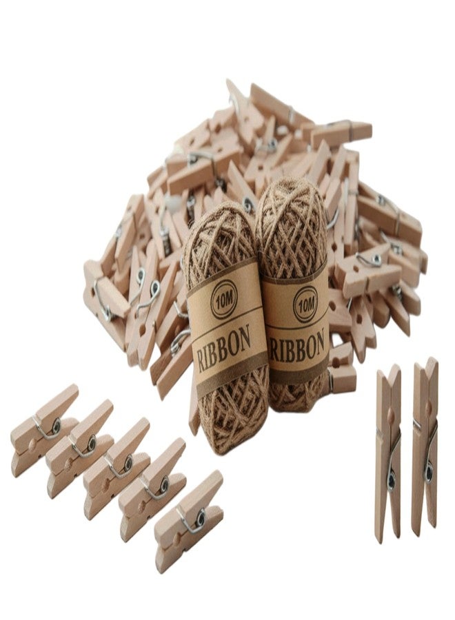 MSGH Mini Natural Wooden Clips with Jute Rope, Photo Hanging Wooden Clips, Mini Wooden Pins for Clothes, Little Baby Shower, Party Decorations, Hobby Crafts, (Wooden Clip 100pcs & 4 Jute roll) - Image 1