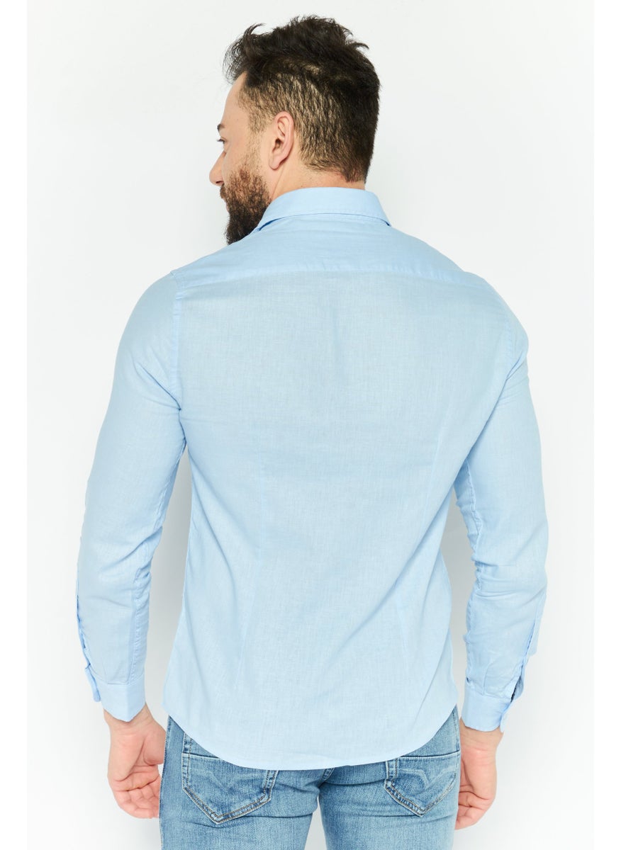 Gazzarrini Men Regular Fit Solid Long Sleeves Casual Shirt, Light Blue  - Image 4