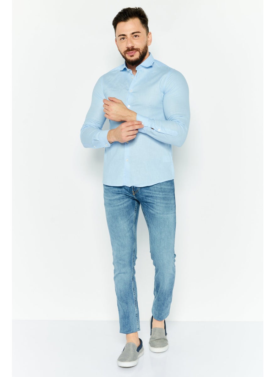 Gazzarrini Men Regular Fit Solid Long Sleeves Casual Shirt, Light Blue  - Image 2
