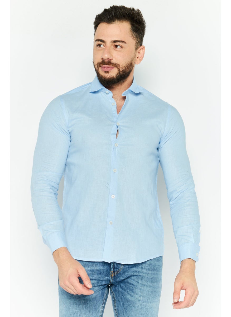 Gazzarrini Men Regular Fit Solid Long Sleeves Casual Shirt, Light Blue  - Image 1