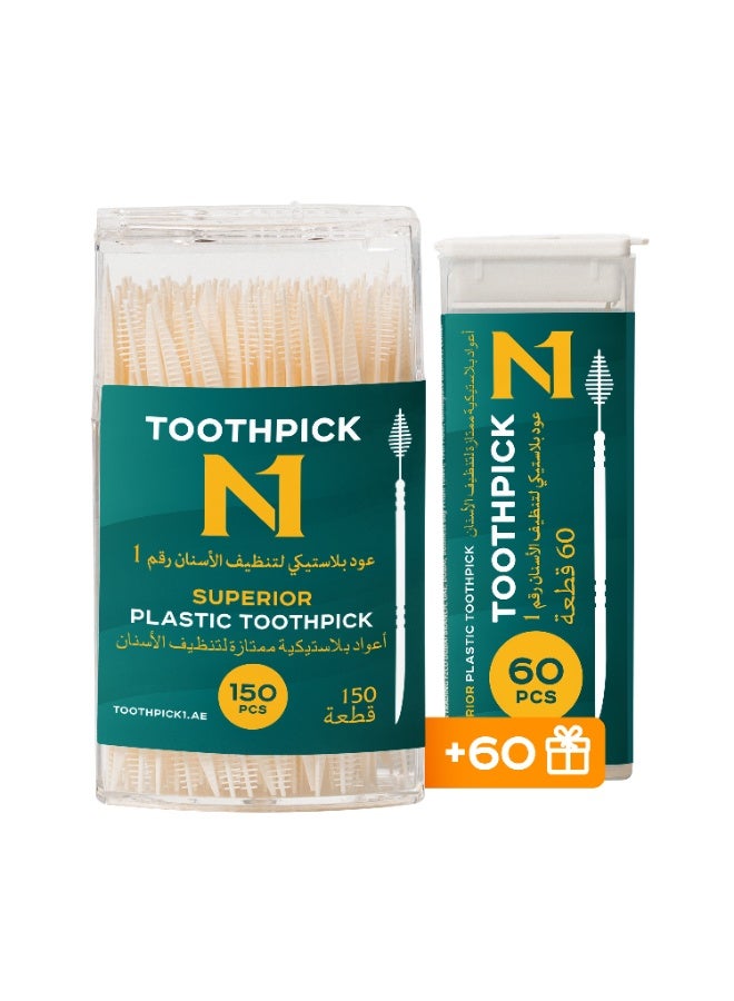 N1 Toothpick Interdental Cleaning Picks 150+60 Pcs, 2-in-1 Dental Toothpick with Plyalene Bristles, Flexible Oral Care Sticks for Plaque & Food Removal, Gentle on Gums, for Braces & Dentures - Image 1