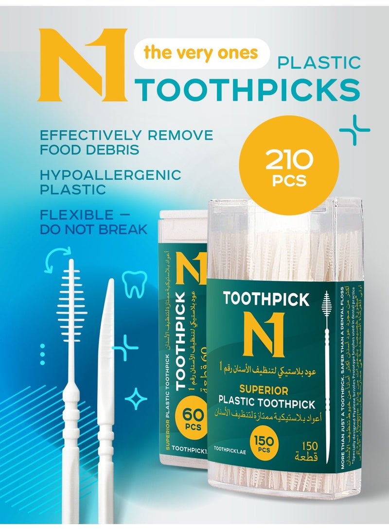 N1 Toothpick Interdental Cleaning Picks 150+60 Pcs, 2-in-1 Dental Toothpick with Plyalene Bristles, Flexible Oral Care Sticks for Plaque & Food Removal, Gentle on Gums, for Braces & Dentures - Image 1