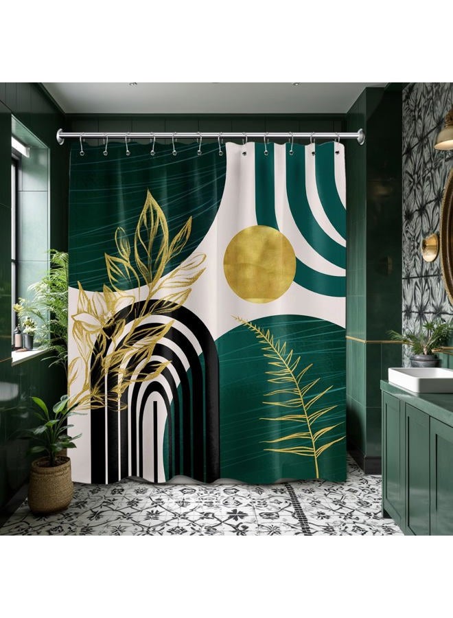 QGHOT Dark Green Shower Curtain Boho Mid Century Modern Emerald Hunter Green and Gold Shower Curtains for Bathroom Decor, Waterproof Cloth Fabric with Hooks, 70" W x 72" L - Image 4