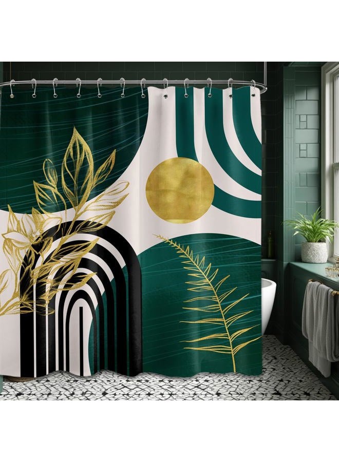 QGHOT Dark Green Shower Curtain Boho Mid Century Modern Emerald Hunter Green and Gold Shower Curtains for Bathroom Decor, Waterproof Cloth Fabric with Hooks, 70" W x 72" L - Image 1