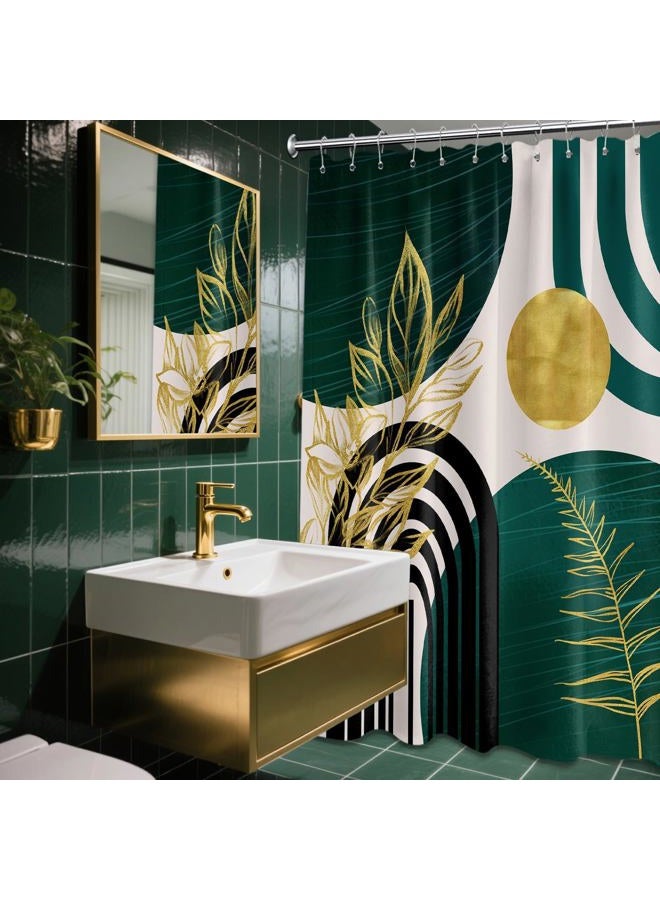 QGHOT Dark Green Shower Curtain Boho Mid Century Modern Emerald Hunter Green and Gold Shower Curtains for Bathroom Decor, Waterproof Cloth Fabric with Hooks, 70" W x 72" L - Image 2