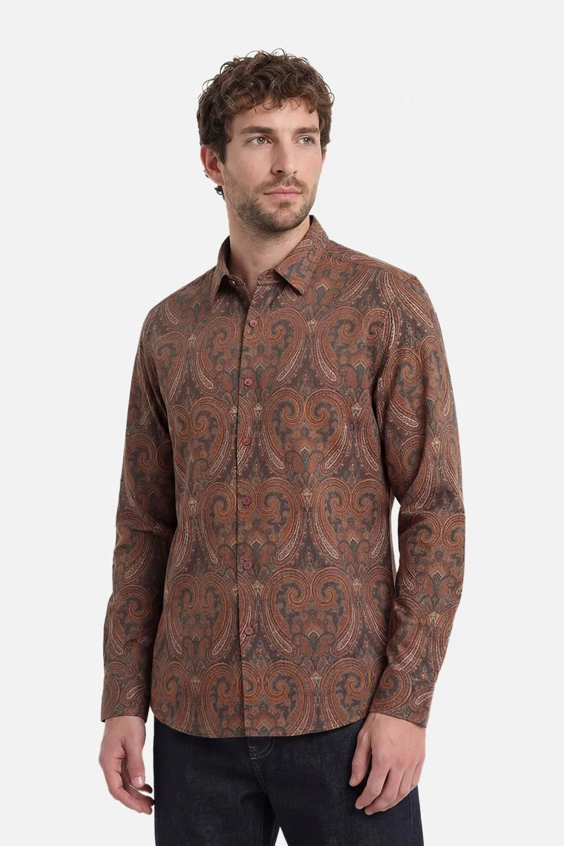 سنيتش Brown Abstract Long Sleeve Slim Fit Casual Shirt