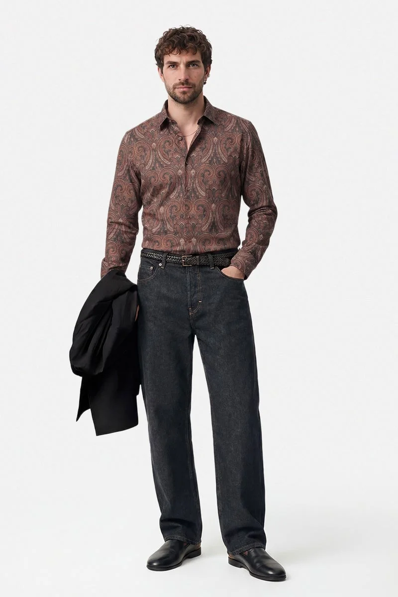 سنيتش Brown Abstract Long Sleeve Slim Fit Casual Shirt