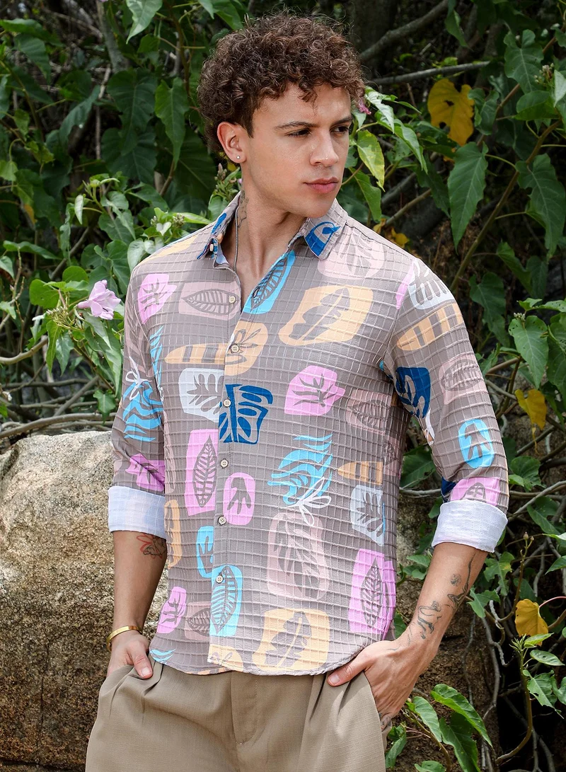 CAHOOT  Men's Camel Beige Foliage Imprint Shirt For Casual Wear | Spread Collar | Long Sleeve | Button Closure | Shirt Crafted With Comfort Fit For Everyday Wear for Men | Best Price UAE