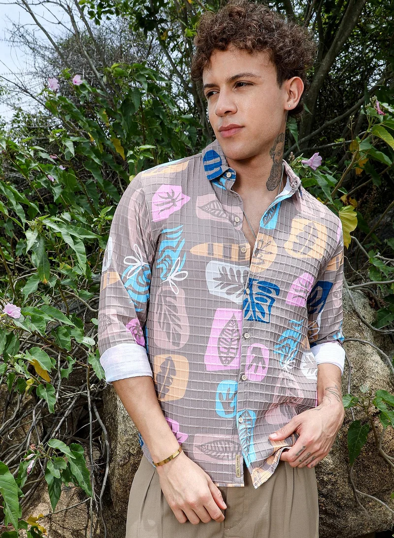 Campus Sutra Men's Camel Beige Foliage Imprint Shirt For Casual Wear | Spread Collar | Long Sleeve | Button Closure | Shirt Crafted With Comfort Fit For Everyday Wear