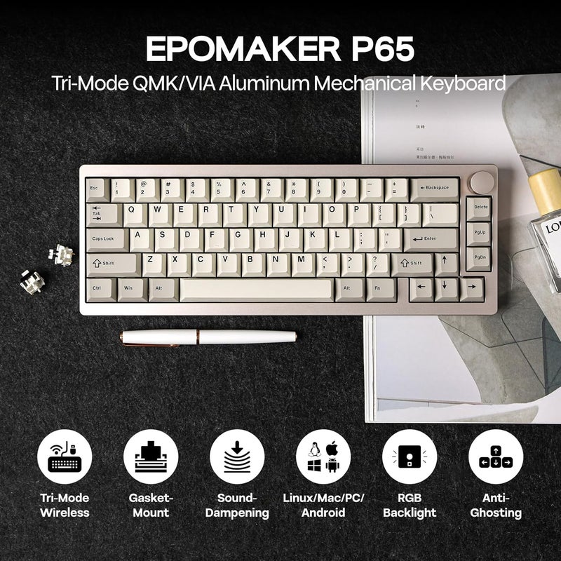 EPOMAKER P65 QMK/VIA Wireless Aluminum Gaming Keyboard, Gasket-Mount, Bluetooth/2.4Ghz/USB(A to C), Hot Swappable, N-key Rollover, for Mac/PC/PS/Xbox (Khaki, Zebra Switch) - Image 2