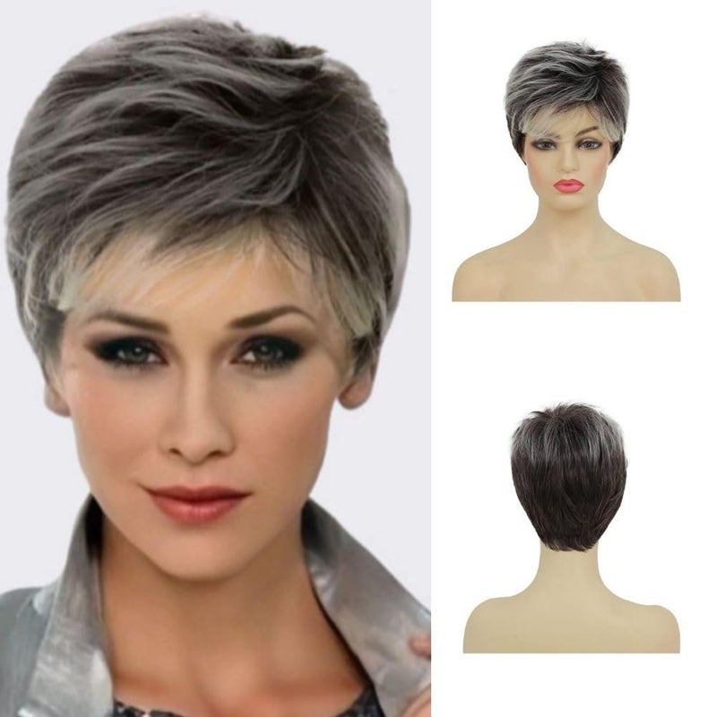 Kaneles Short Grey Pixie Cut Wigs for Women Layered Soft Fluffy Old Lady Synthetic Wigs for Daily Party Costume UseGray Mix Brown