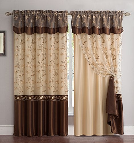 Fancy Collection Embroidery Curtain Set 2 Panel Drapes with Backing Valance New 110x 84 Brown