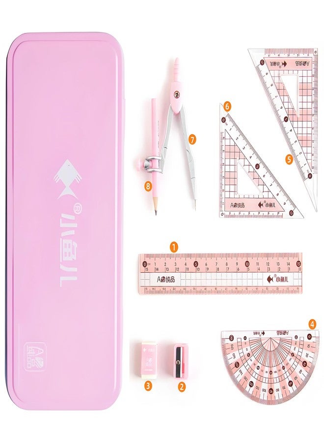 waremew 8 Pcs Compass/Math Set for Students with Shatterproof Storage Box, Geometry Set for School, Includes Ruler, Protractor, Compass, Pencil,Pencil Sharpener and Eraser,etc. Perfect Gift (Pink) - Image 1