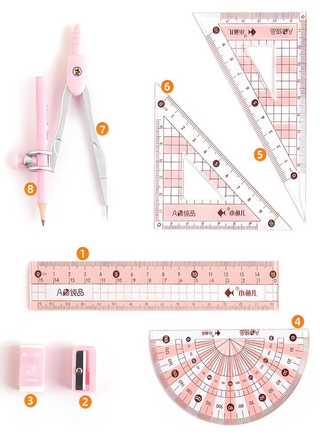 waremew 8 Pcs Compass/Math Set for Students with Shatterproof Storage Box, Geometry Set for School, Includes Ruler, Protractor, Compass, Pencil,Pencil Sharpener and Eraser,etc. Perfect Gift (Pink) - Image 2