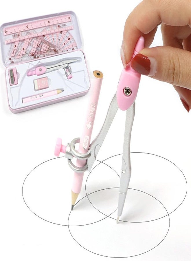 waremew 8 Pcs Compass/Math Set for Students with Shatterproof Storage Box, Geometry Set for School, Includes Ruler, Protractor, Compass, Pencil,Pencil Sharpener and Eraser,etc. Perfect Gift (Pink) - Image 3