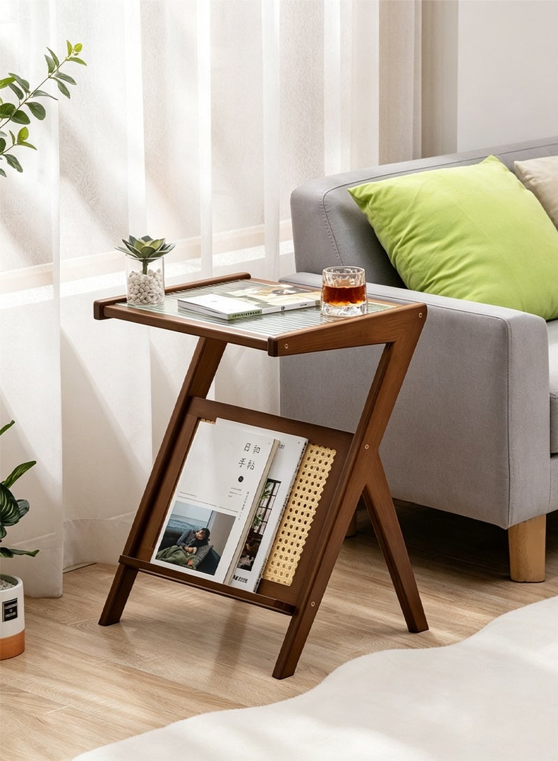 POWER Rattan Nightstand Side Table, Glass Coffee Tables, Wooden Sofa End Table ,Boho Wooden End Table with Storage for Small Space, Living Room and Bedroom - Image 1