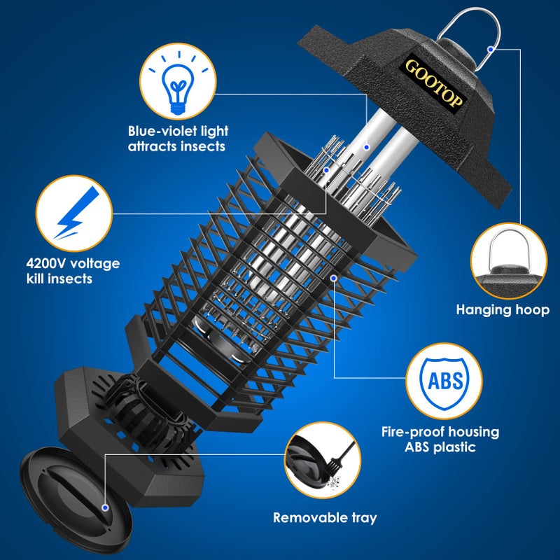 Gootop Bug Zapper Outdoor  Mosquito Zapper  3 Prong Plug In Electric Fly Zapper  Mosquito Killer  Fly Traps  Flying Insects Zapper Indoor Outdoor 90-130V  4200V  Abs Plastic Outer (Black) - Image 4