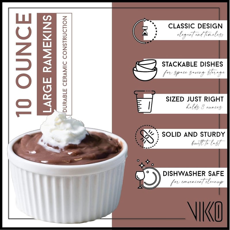 Vikko 10 Oz Ramekin Set: Ceramic Creme Brulee Ramekins & Soufflé Dishes - Porcelain White Ramekins 8 oz Oven Safe Bowls - Souffle Dish and Custard Cups for Baking And Dessert - Ramiken Set of 6 - Image 2