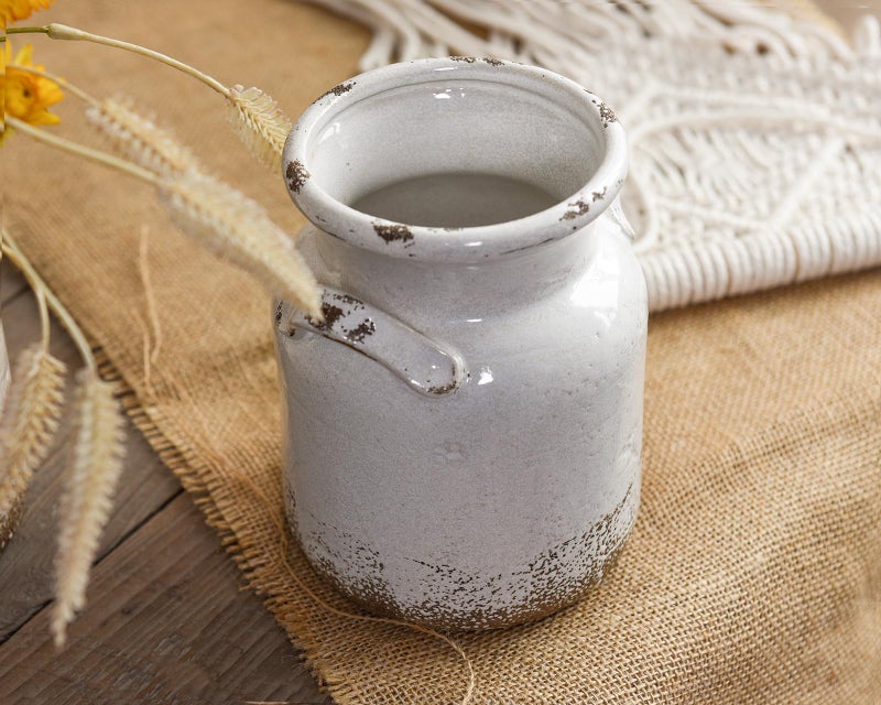 Quoowiit Ceramic Rustic Farmhouse Vase  Distressed Decorative Flower Vase for Home Decor  Ideal Shelf Decor  White Boho Vase for Living Room Bedroom Kitchen Office Decor Centerpiece Table Decorations - Image 2