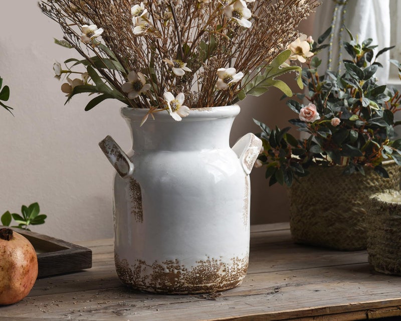 Quoowiit Ceramic Rustic Farmhouse Vase  Distressed Decorative Flower Vase for Home Decor  Ideal Shelf Decor  White Boho Vase for Living Room Bedroom Kitchen Office Decor Centerpiece Table Decorations - Image 3