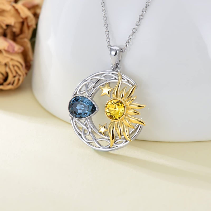 AOBOCO Moon Sun Star Necklace 925 Sterling Silver Celtic Crescent Moon and Sun Pendant Necklace for Women - Image 2