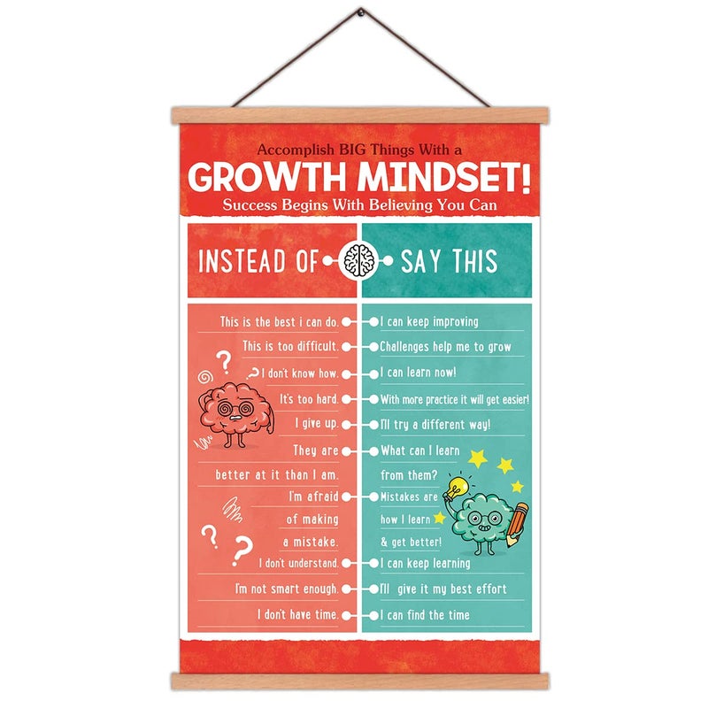 KAIRNE Kids Growth Mindset Poster Educational Classroom Poster with Wood Magnetic HangerMotivational Quote Canvas Wall Art35X56CM Students Positive Art Print for Kids Playroom Classroom Decor