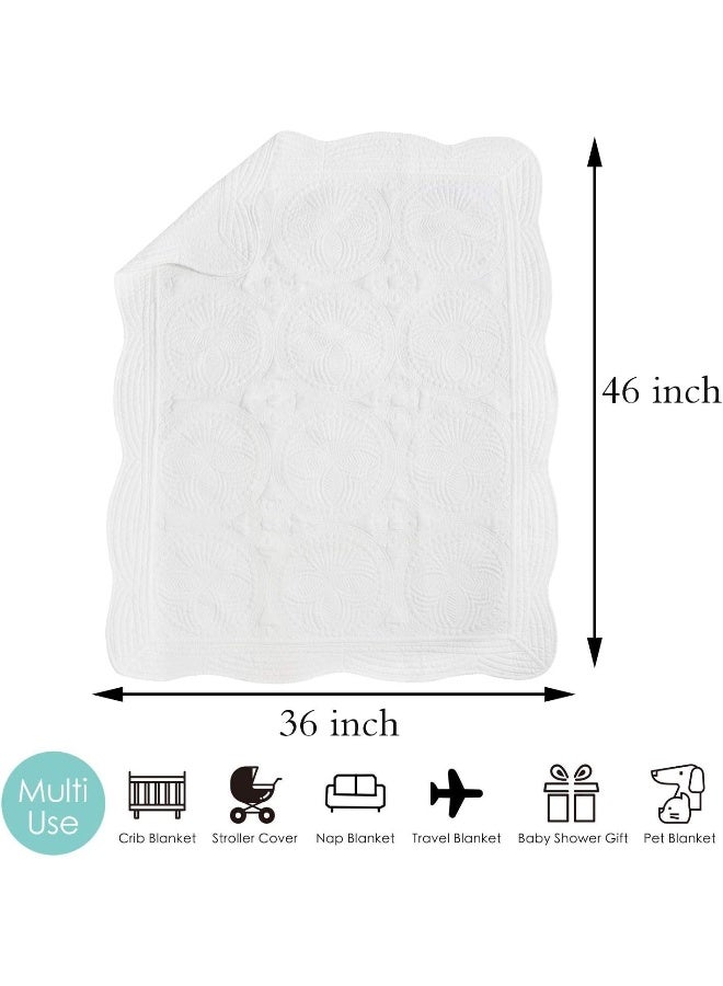 MONOBLANKS MONOBLANKS Cotton Baby Quilt Personalized Monogram Lightweight Embossed Scalloped Throw Blanket Four Seasons (White)  - Image 2