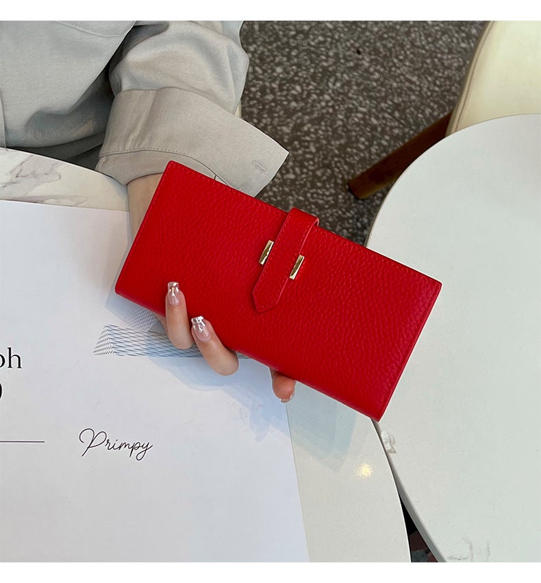 Genuine Leather Long Womens Wallet Hot-selling Top-layer Cowhide Two-fold Clutch Bag Womens Multi-card Design Mobile Phone Bag Red