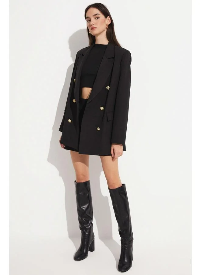 جون June Exclusive Button Detailed Double Breasted Blazer Jacket Black