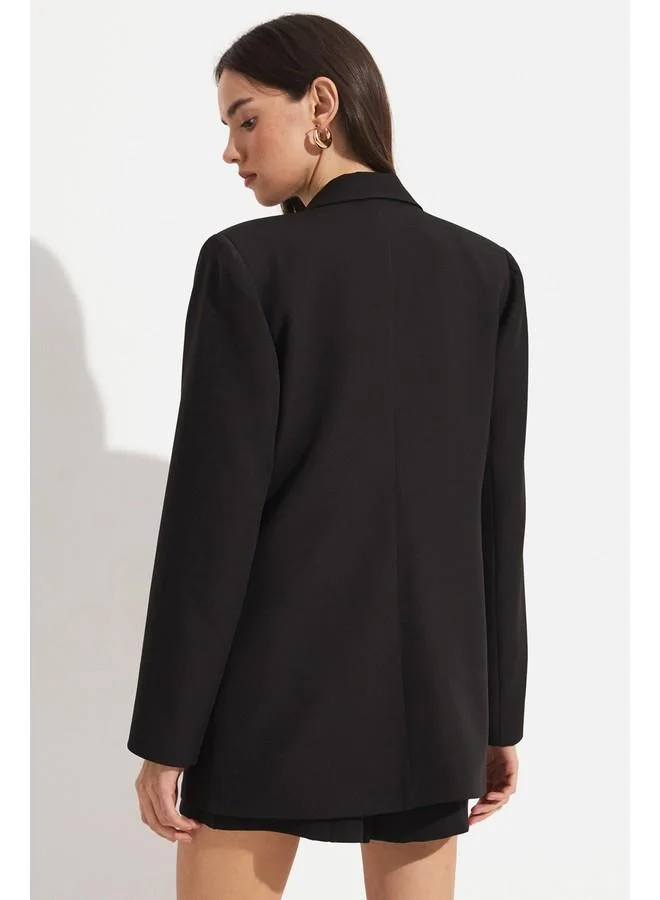 جون June Exclusive Button Detailed Double Breasted Blazer Jacket Black