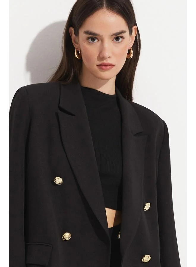 جون June Exclusive Button Detailed Double Breasted Blazer Jacket Black
