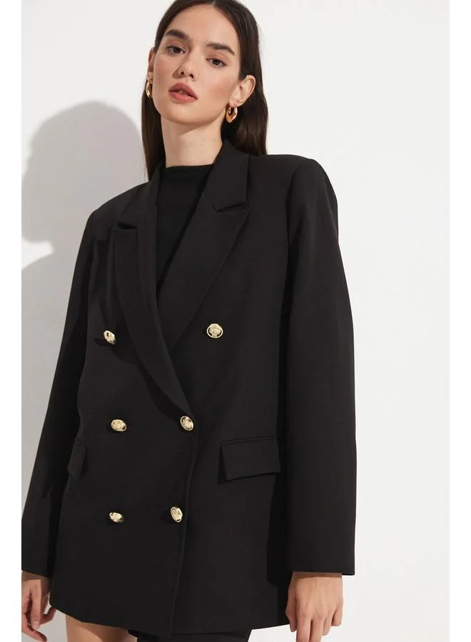 جون June Exclusive Button Detailed Double Breasted Blazer Jacket Black