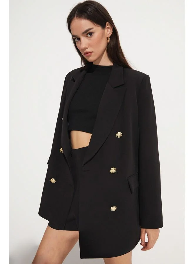 جون June Exclusive Button Detailed Double Breasted Blazer Jacket Black